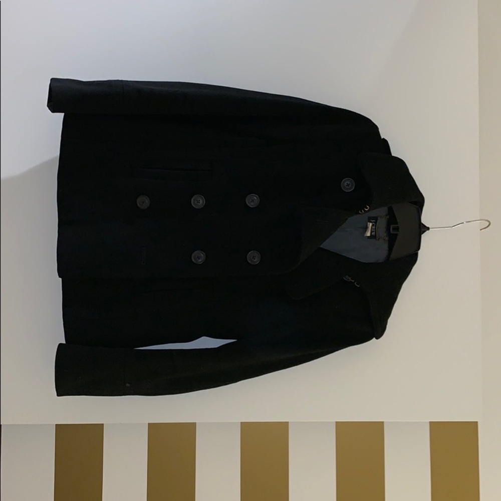 Black wool doubled breasted pea coat. J Crew.